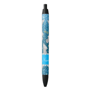 Custom name sky blue glitter angel wings black ink pen