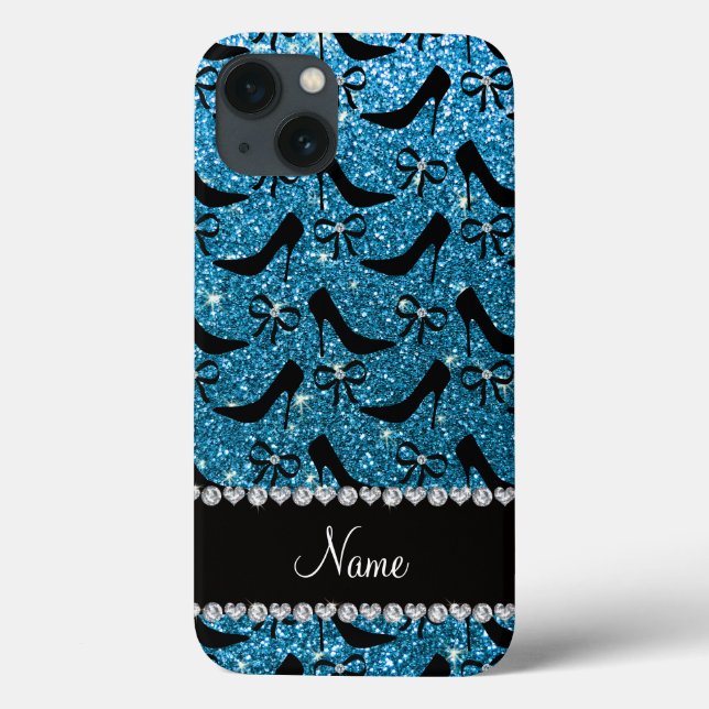Custom name sky blue glitter black high heels bow Case-Mate iPhone case (Back)