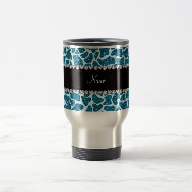 Custom name sky blue glitter giraffe travel mug (Center)