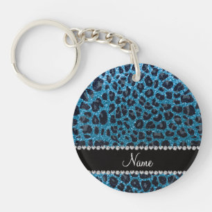 Custom name sky blue glitter leopard print keychain