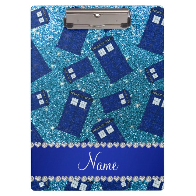 Custom name sky blue glitter police box clipboard (Front)