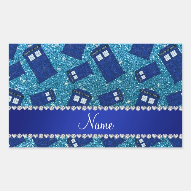 Custom name sky blue glitter police box sticker (Front)