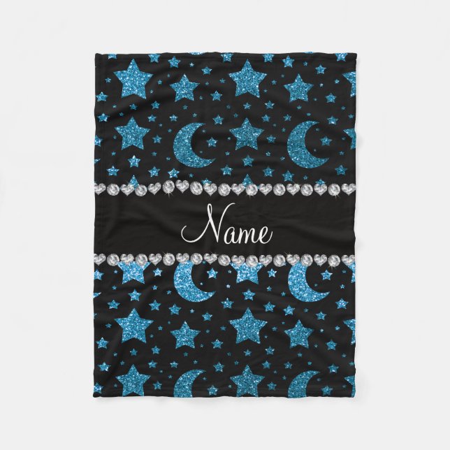 Custom name sky blue glitter stars and moons fleece blanket (Front)