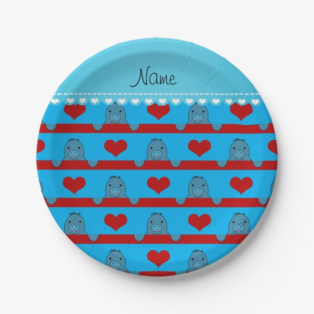 Custom name sky blue manatees red hearts stripes paper plate (Front)
