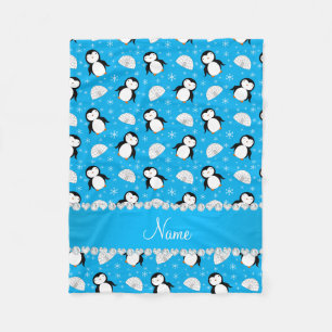 Custom name sky blue penguins igloos snowflakes fleece blanket