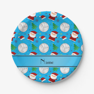 Custom name sky blue volleyball christmas pattern paper plate