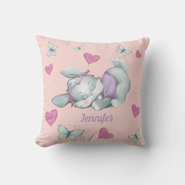 Custom name Sleeping Bunny in pink and purple Throw Pillow (Front)