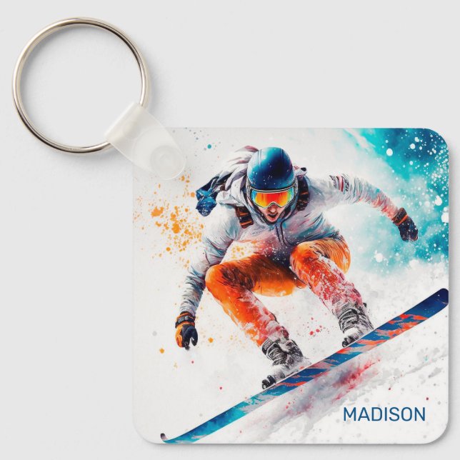 Custom Name Snowboarder Illustration Keychain (Front)
