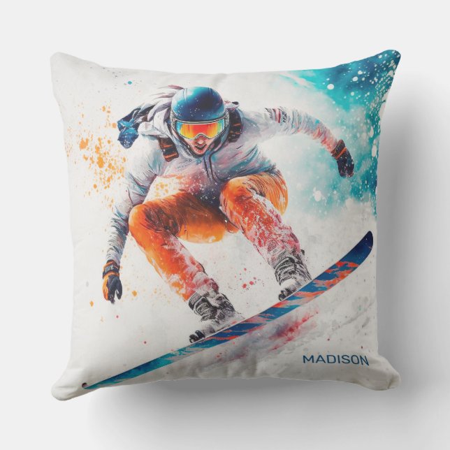 Custom Name Snowboarder Illustration Outdoor Pillow (Back)