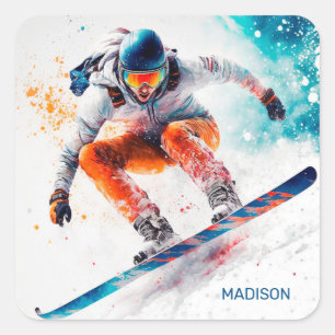 Custom Name Snowboarder Illustration Square Sticker