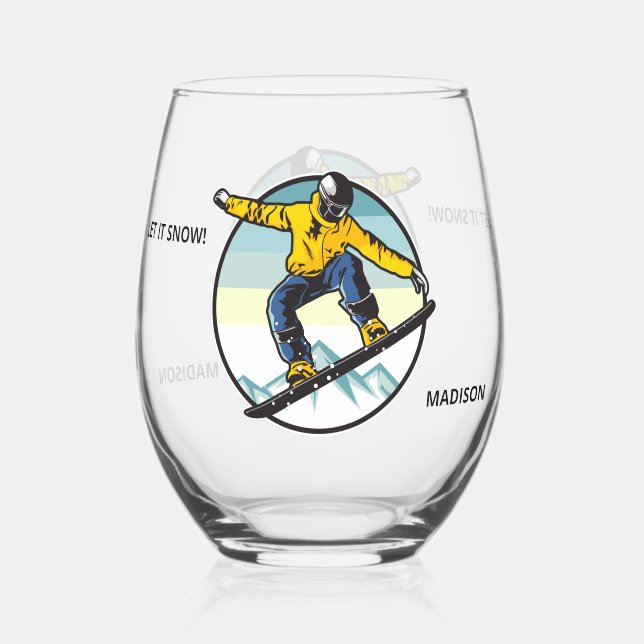 Custom Name Snowboarder Stemless Wine Glass (Front)