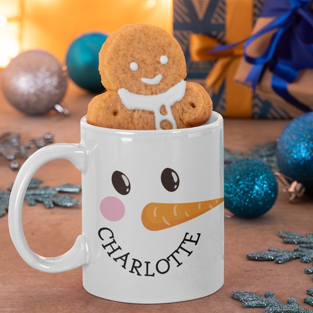 Custom Name Snowman Face Holiday Hot Chocolate Coffee Mug (Creator Uploaded)