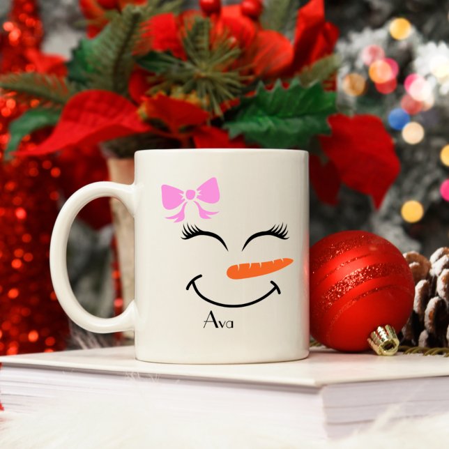 Custom Name Snowman Snowgirl Pink Bow Coffee Mug (Creator Uploaded)