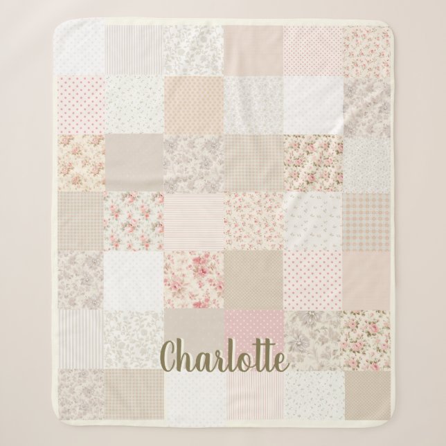 Custom Name Soft Patchwork Floral Pastel Sherpa Blanket (Front)