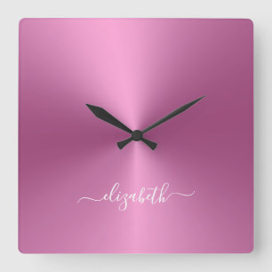 Custom Name Soft Pink Metallic Style Acrylic Square Wall Clock