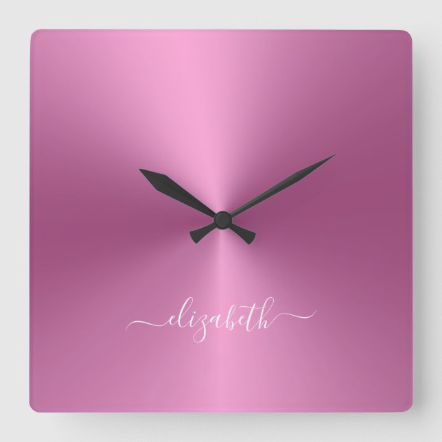 Custom Name Soft Pink Metallic Style Acrylic Square Wall Clock (Front)