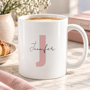 Custom Name Soft Rose Pink Initial Letter Stylish Coffee Mug