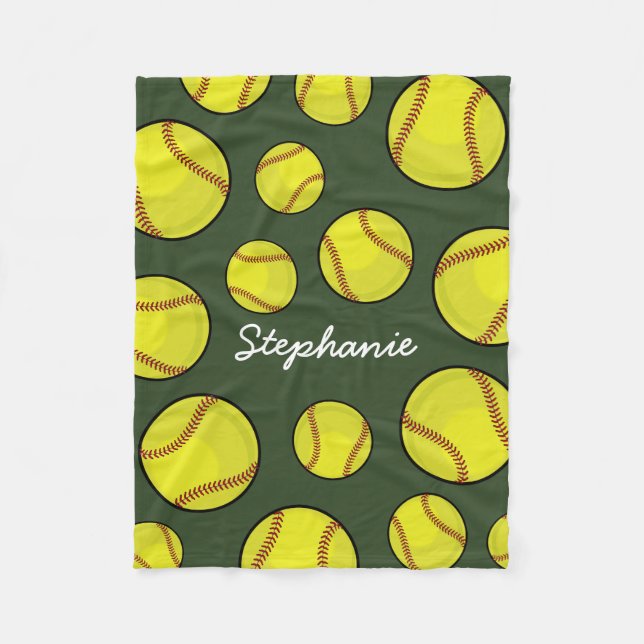Custom Name Softball Green Fleece Blanket (Front)