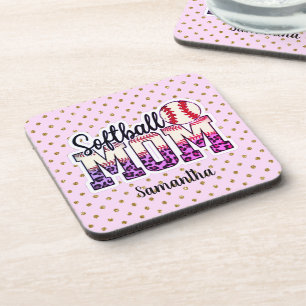 Custom Name Softball Mom Pink and Gold Polka Dot Coaster