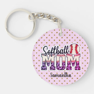 Custom Name Softball Mom Pink and Gold Polka Dot Keychain
