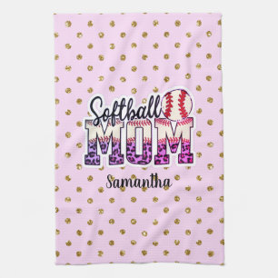 Custom Name Softball Mom   Pink and Gold Polka Dot Kitchen Towel