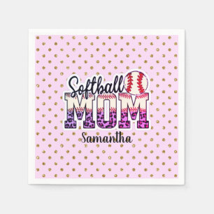 Custom Name Softball Mom Pink and Gold Polka Dot Napkin
