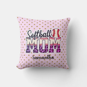 Custom Name Softball Mom Pink and Gold Polka Dot Throw Pillow