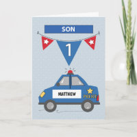 Custom Name Son 1st Birthday Blue Police Car