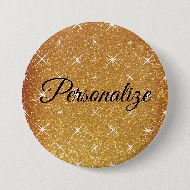 Custom name sparkly gold glitter large pinback 3 inch round button (Front)