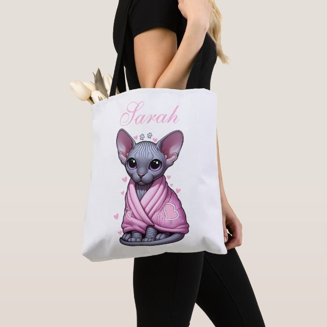 Custom Name Sphynx Cat Tote Bag Pink Blanket (Close Up)