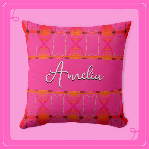 Custom Name Spicy Orange and Pretty Pink Throw Pillow
