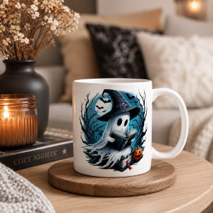 Custom name spooky Halloween ghost reading a book Coffee Mug