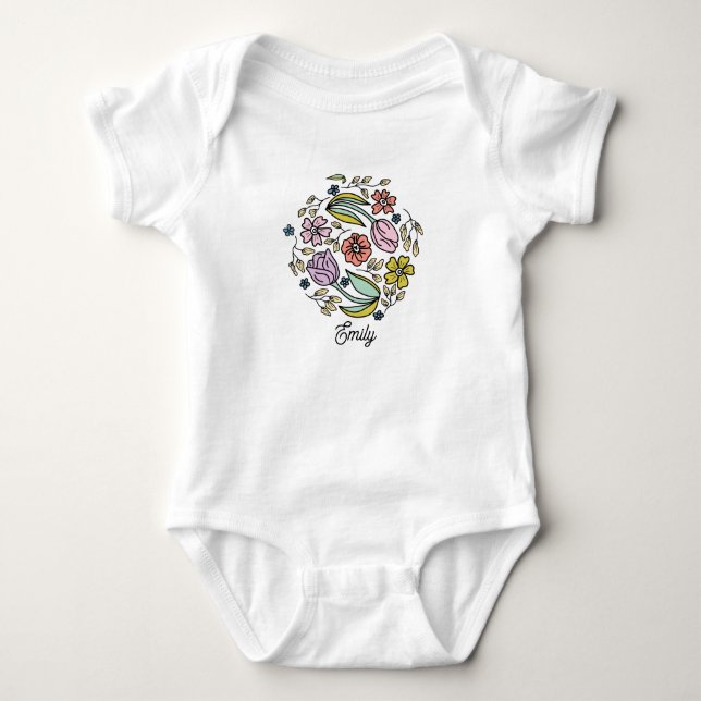 Custom name spring flower illustration Easter time Baby Bodysuit (Front)