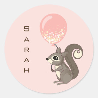 Custom Name Squirrel with Pink Balloon Classic Round Sticker