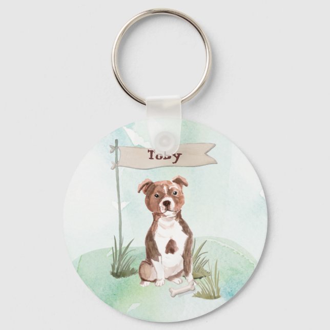 Custom Name Staffordshire Bull Terrier Pet Dog Keychain (Front)