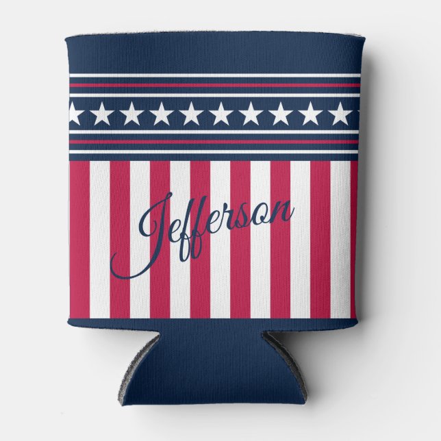 Custom Name Stars n Stripes Red White Blue Can Cooler (Front)
