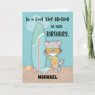Custom Name Step Brother Birthday Beach Raccoon Card