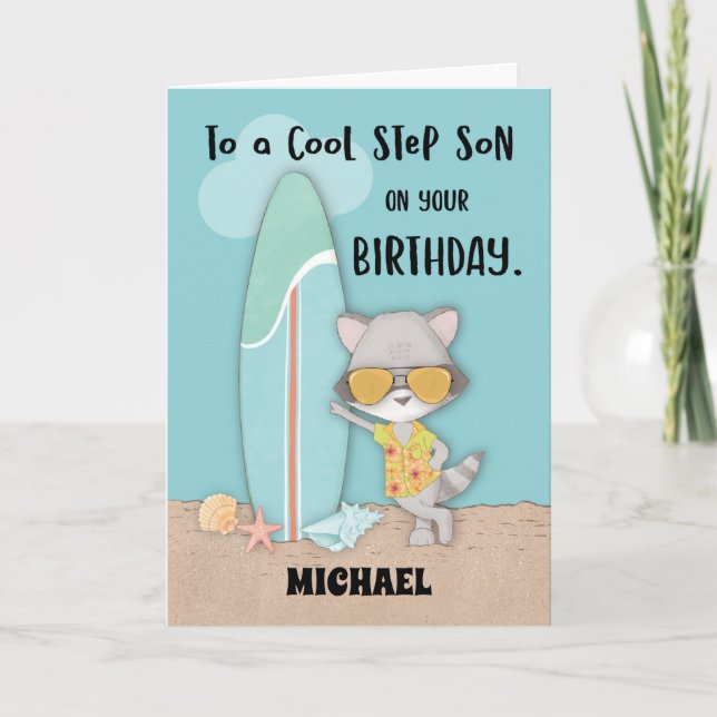 Custom Name Step Son Birthday Beach Funny Raccoon Card (Front)