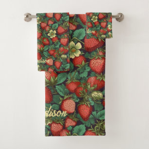 Custom Name Strawberry Pattern Bath Towel Set