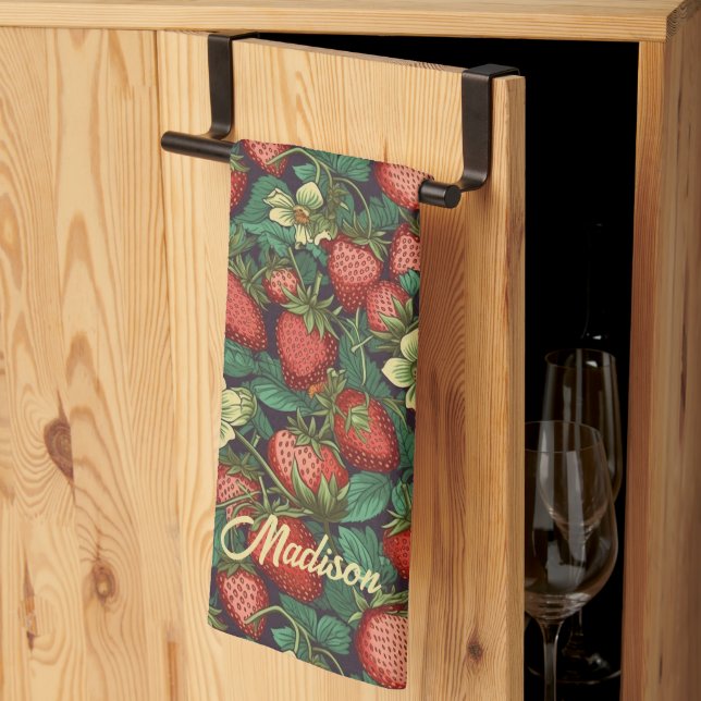 Custom Name Strawberry Pattern Kitchen Towel (Thirds Fold)