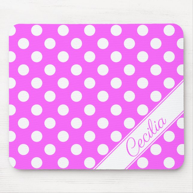 Custom Name Striking Pink Big White Polka Dots Mouse Pad (Front)