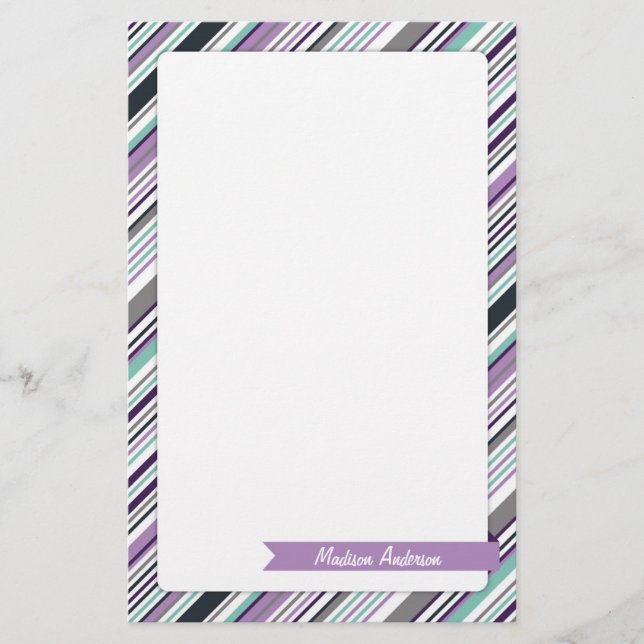 Custom Name Stripe Stationery Purple (Front)