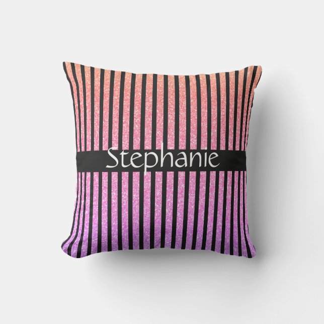 Custom Name Stripes Black Rose Gold Pink Glitter Outdoor Pillow (Front)