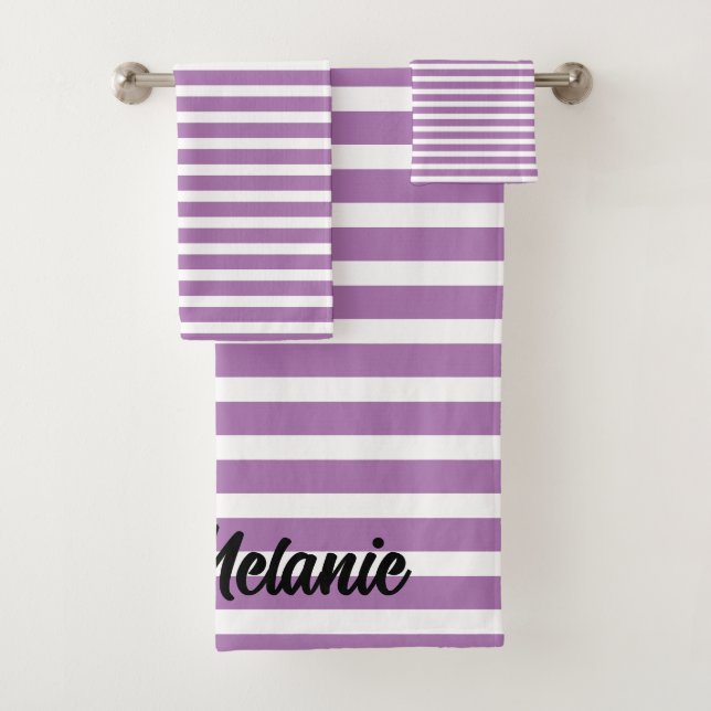 Custom Name Stripes Pattern Purple Lavender White Bath Towel Set (Insitu)