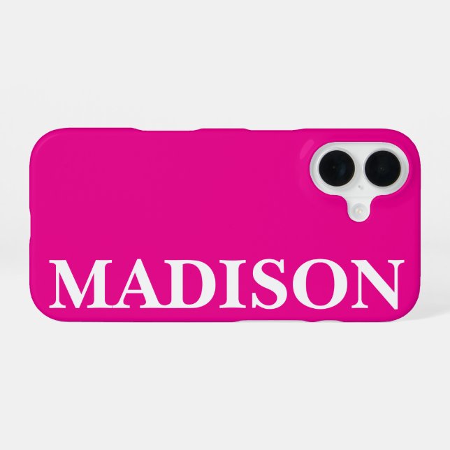 Custom Name Stylish Modern Minimal Hot Pink Colour iPhone 16 Case (Back Horizontal)