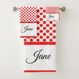 Custom name stylish red Polka dots on white Bath Towel Set