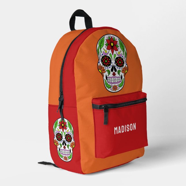 Custom Name Sugar Skull Printed Backpack (Back Corner Left)