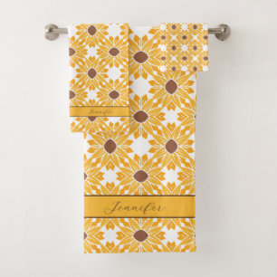 Custom Name Sunflower Pattern on White Bath Towel Set