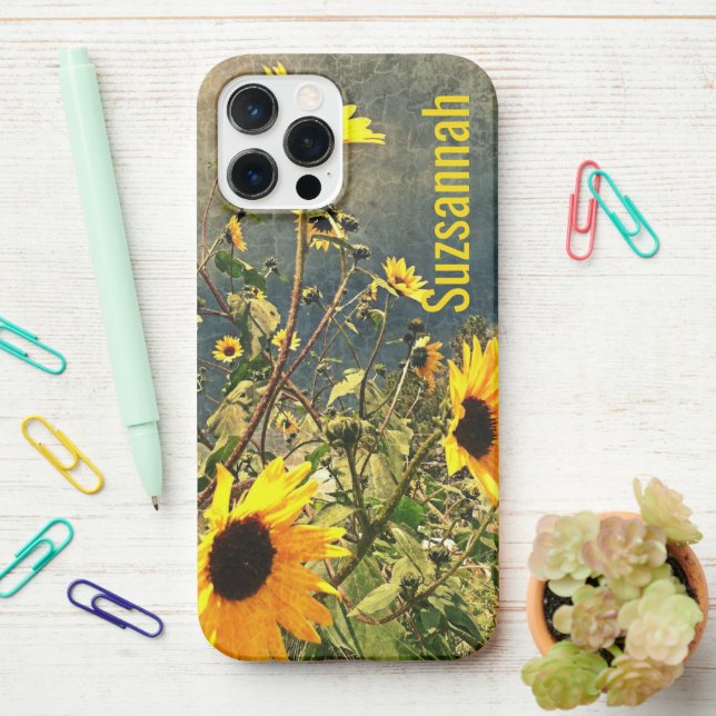 Custom Name Sunflower Photo Vintage Texture  iPhone Case (On Desk)