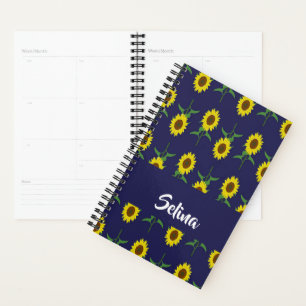 Custom name sunflowers on blue planner